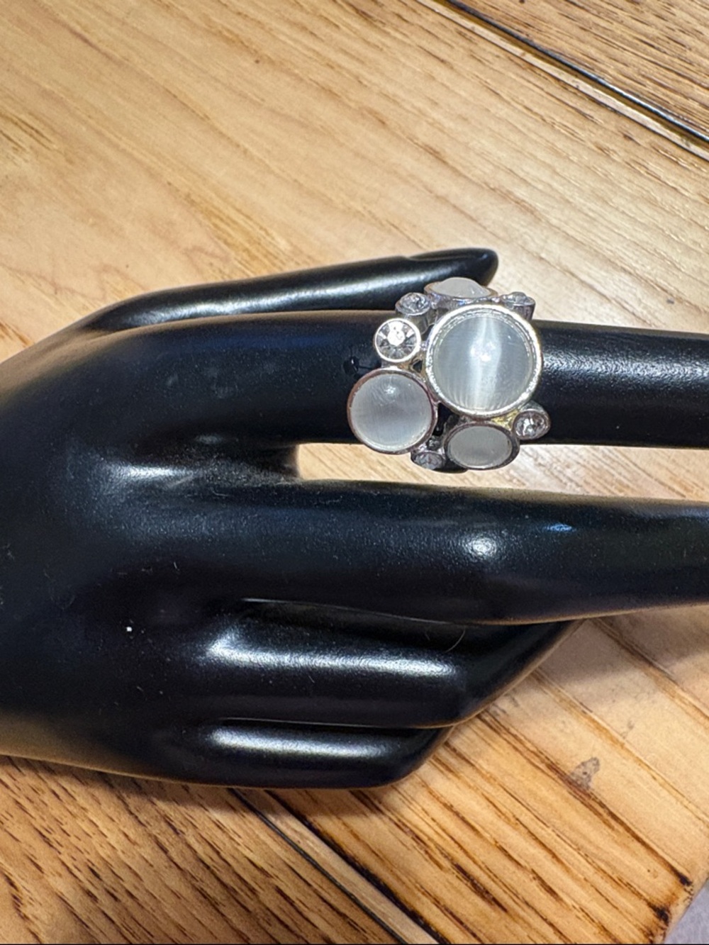 Silver-Tone Gray Cat's Eye Moon Stone Cluster Statement Ring